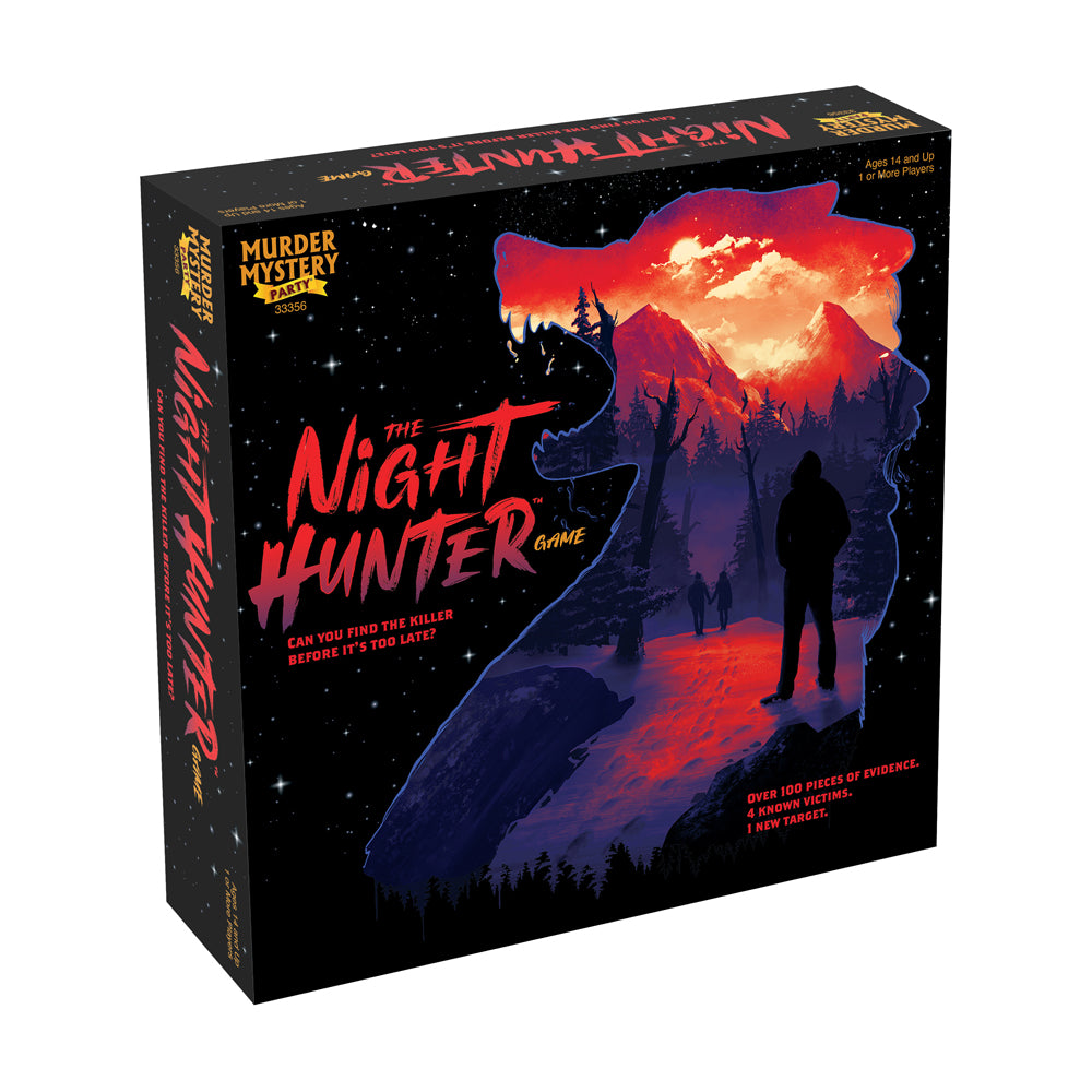 The Night Hunter Game box with dark starry sky background, red and orange glowing mountain landscape, silhouetted figures, and text reading "Can you find the ki