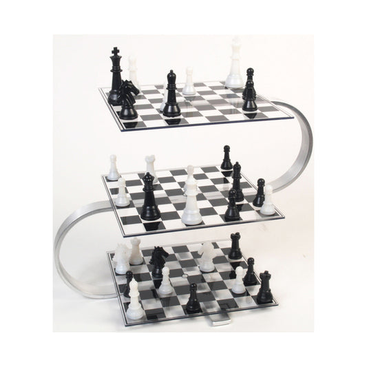 Three-level stacked chess set with black and white pieces on checkered boards, connected by silver curved supports