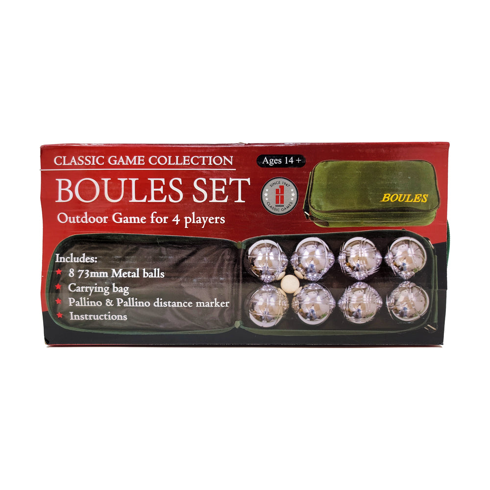 Classic Game Collection Boules Set packaging showing eight 73mm metal balls in clear plastic tray, small pallino ball, olive green carrying case, and black carr