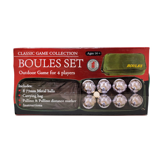 Classic Game Collection Boules Set packaging showing eight 73mm metal balls in clear plastic tray, small pallino ball, olive green carrying case, and black carr