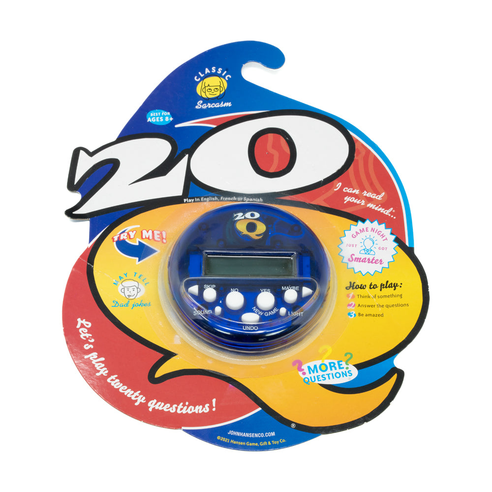 20Q handheld electronic mind reading game with blue and yellow round casing, large eye graphic, and embedded digital screen displaying game interface