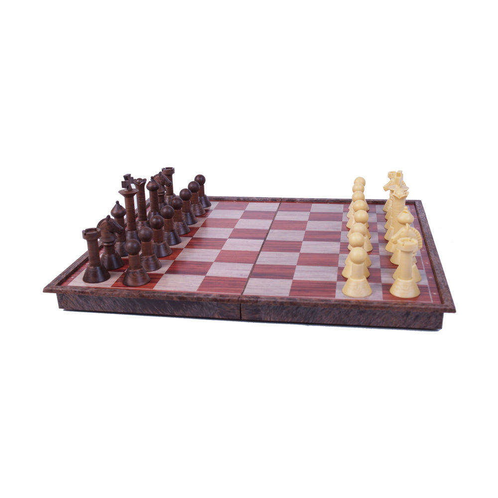 Wood chess set with dark red and cream pieces arranged on checkered board with storage compartment
