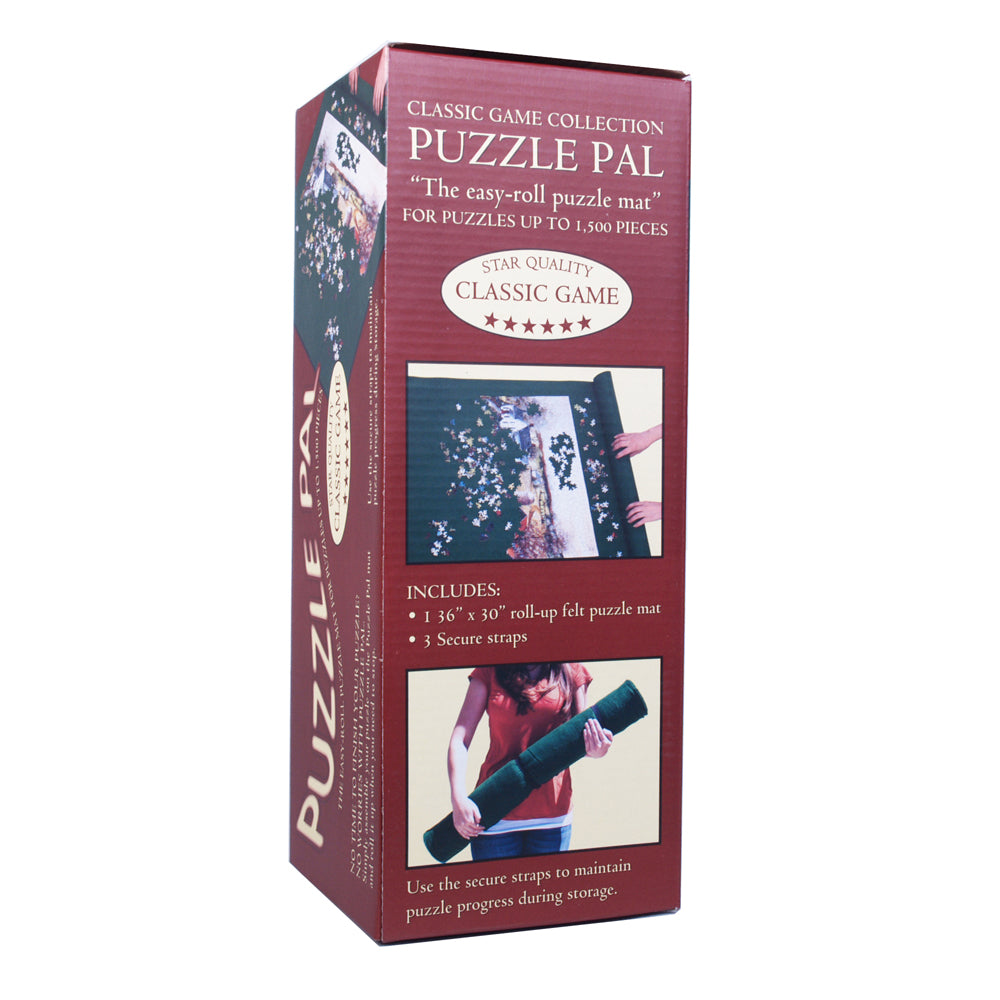 Puzzle Pal roll-up felt puzzle mat packaging showing burgundy box with product details, demonstration photos of puzzle mat in use, and included 36" x 30" felt m