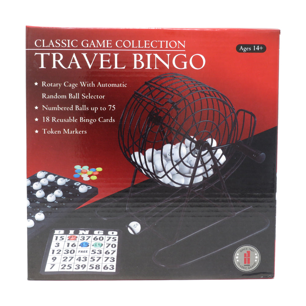 Travel Bingo game set box showing red rotary cage ball selector, numbered balls, bingo cards, and token markers for ages 14+