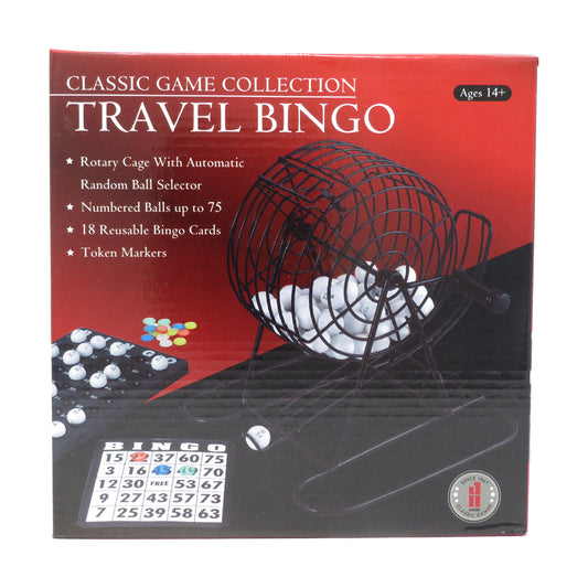 Travel Bingo game set box showing red rotary cage ball selector, numbered balls, bingo cards, and token markers for ages 14+