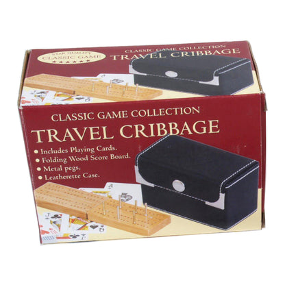 Travel Cribbage set with wooden folding score board, black leatherette case, playing cards, and metal pegs