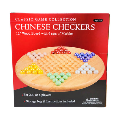 Classic Game Collection Chinese Checkers 12" wood board with 6 sets of colored marbles displayed in starting positions