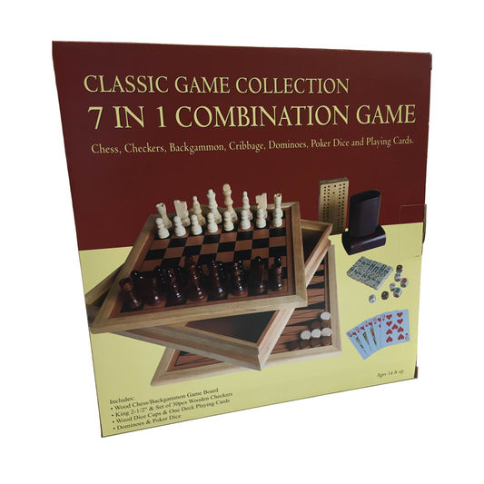 Classic Game Collection 7 in 1 Combination Game packaging showing wooden board with chess pieces, checkers, backgammon, cribbage, dominoes, poker dice, and play