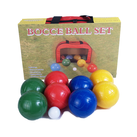 Bocce Ball Set with red carrying bag, includes eight large balls in green, red, blue, and yellow, plus smaller white jack ball
