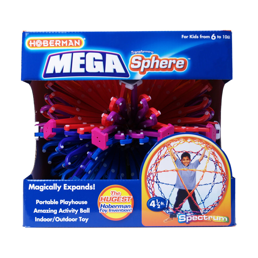 Hoberman Mega Sphere transforming expanding ball in red, blue, and pink on retail packaging, 4.5 feet, modeled by a child