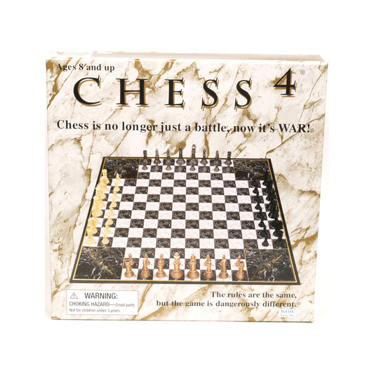 Chess 4 board game box showing marble-textured background, chess board with gold and black pieces set up, Ages 8 and up, tagline reads Chess is no longer just a