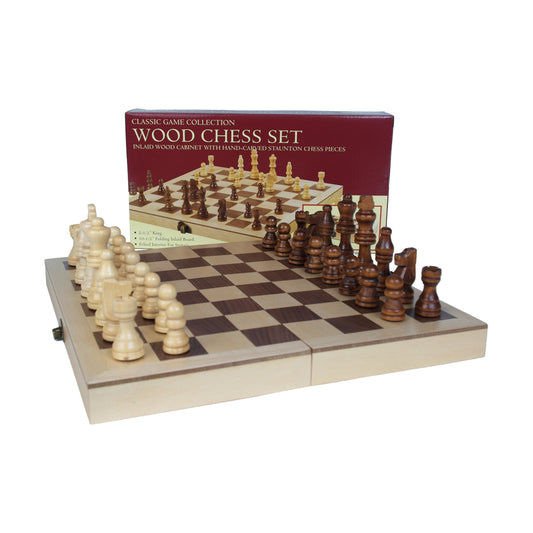 Classic Game Collection wood chess set with inlaid wood cabinet, folding board, and hand-carved staunton pieces in cream and dark wood