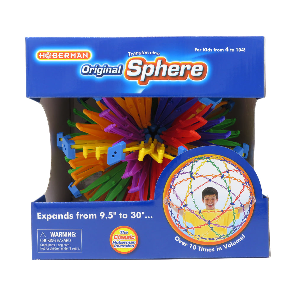 Hoberman Original Sphere expansion toy with colorful interlocking plastic rods in red, orange, yellow, green, blue, and purple, shown expanded to full size with