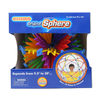 Hoberman Original Sphere expansion toy with colorful interlocking plastic rods in red, orange, yellow, green, blue, and purple, shown expanded to full size with