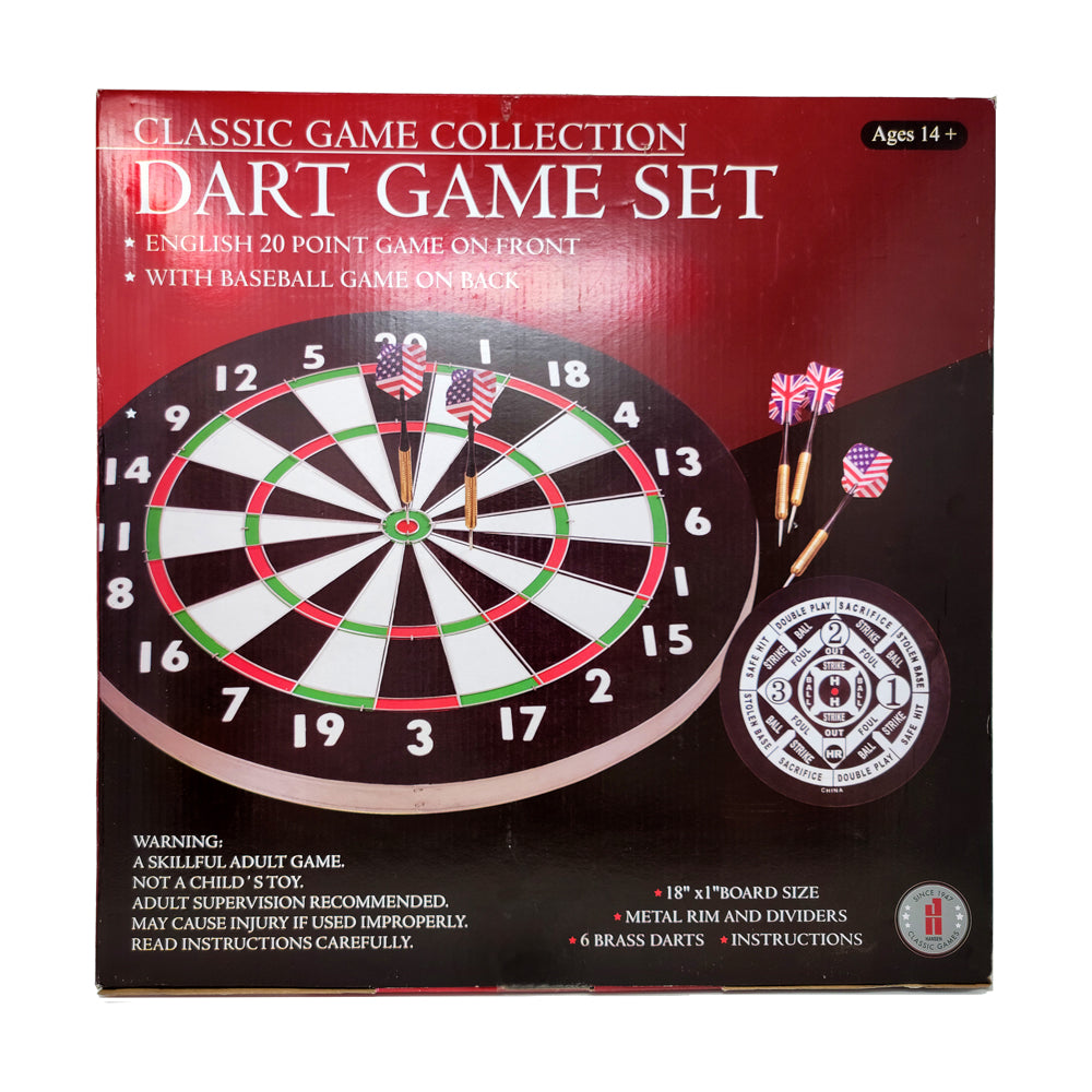 Classic Game Collection Dual-Sided Dart and Baseball Game Set box showing red dartboard with white and black segments, green trim, numbered 1-20, metal rim, 6 b