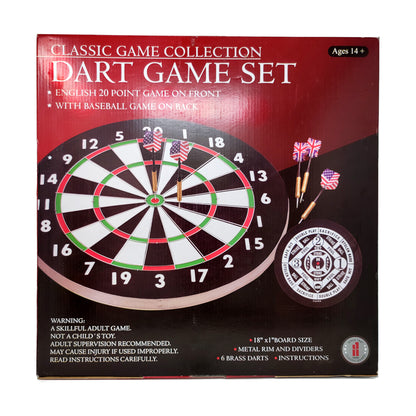 Classic Game Collection Dual-Sided Dart and Baseball Game Set box showing red dartboard with white and black segments, green trim, numbered 1-20, metal rim, 6 b