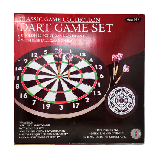 Classic Game Collection Dual-Sided Dart and Baseball Game Set box showing red dartboard with white and black segments, green trim, numbered 1-20, metal rim, 6 b
