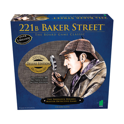221B Baker Street Deluxe Edition board game box featuring Sherlock Holmes illustration with magnifying glass on blue background