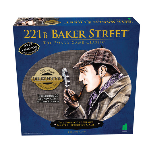 221B Baker Street Deluxe Edition board game box featuring Sherlock Holmes illustration with magnifying glass on blue background