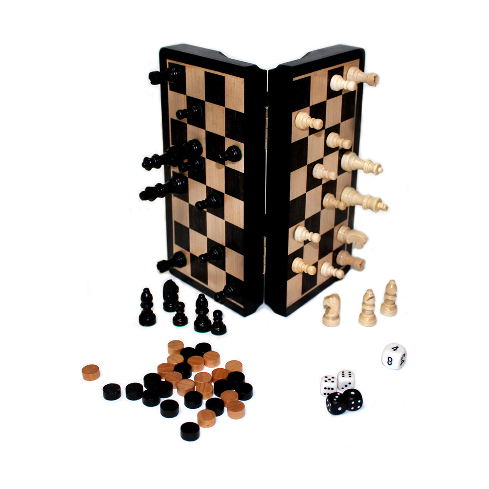 Magnetic 3-in-1 wood game set with black and natural wood checkerboard cabinet, storage pegs for chess and backgammon pieces, black and natural wood chess piece
