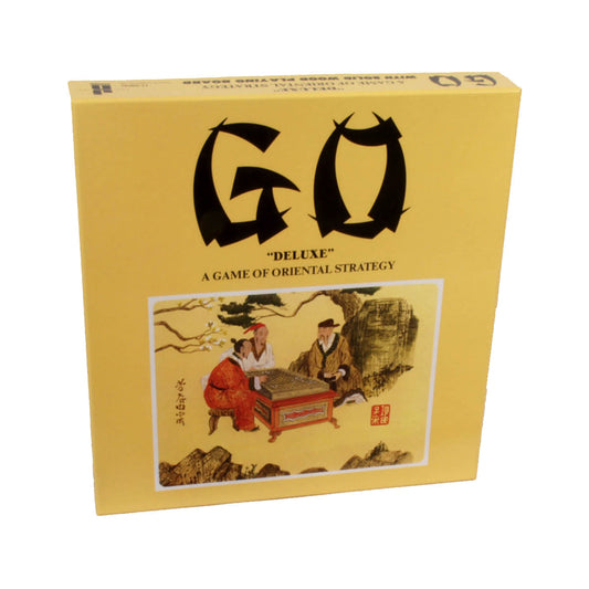 Go Deluxe board game box with yellow cover showing oriental artwork of two figures playing at a Go board beneath a tree