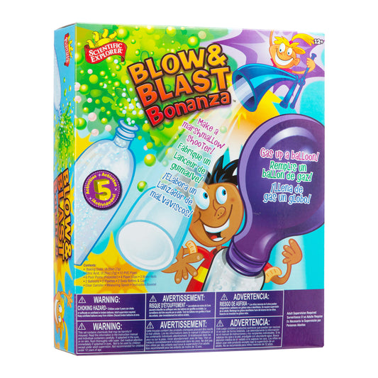 Scientific Explorer Blow & Blast Bonanza box showing colorful balloon launcher toy with cartoon character and product demonstration graphics