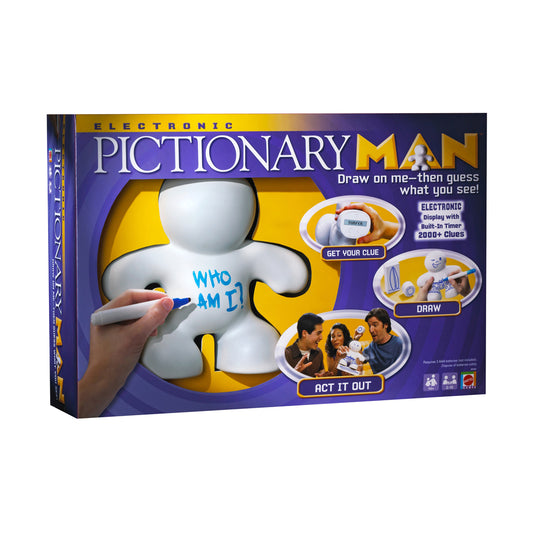 Electronic Pictionary Man game box showing white figure on yellow background with blue marker, tagline 'Draw on me—then guess what you see', featuring gameplay