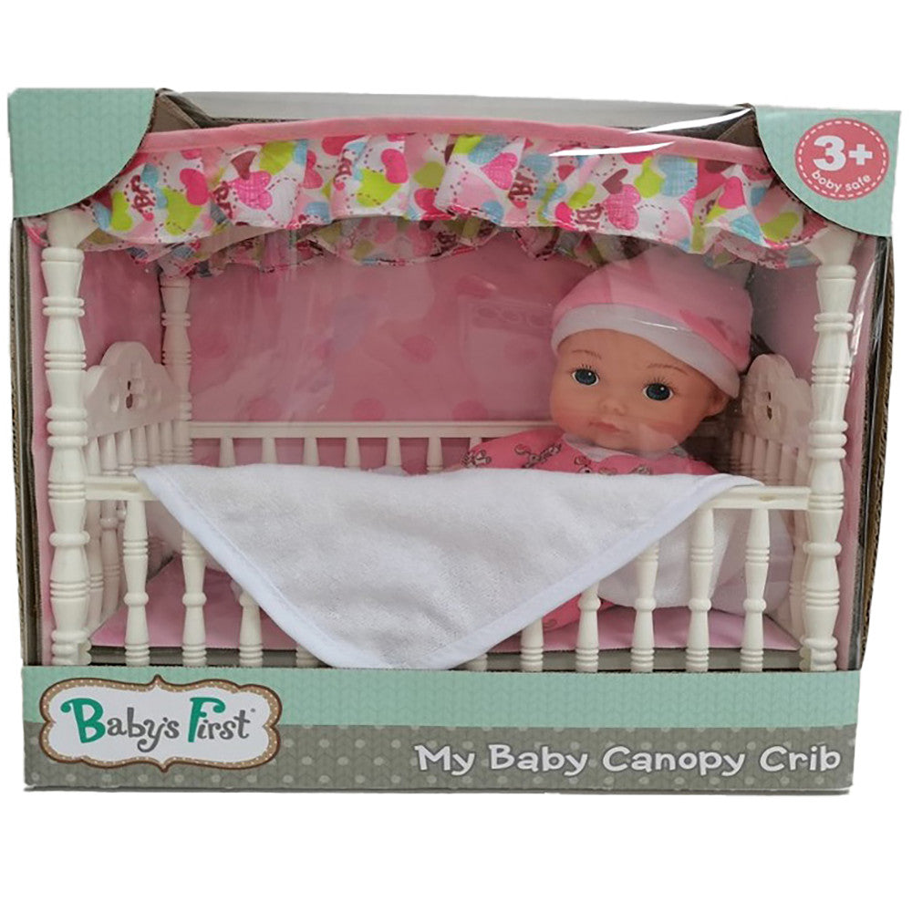 Baby's First My Baby Canopy Crib playset with white crib, pink canopy with colorful pattern, small doll with pink headband, and white blanket