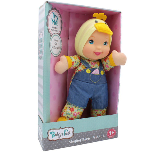 Baby's First Singing Farm Friends musical duck doll in yellow outfit with denim overalls and floral shirt, in pink and blue packaging