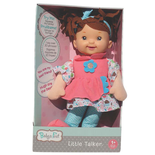 Baby's First Little Talker bilingual doll in packaging, wearing pink dress with blue flowers and patterned shirt, brown pigtails with blue bows