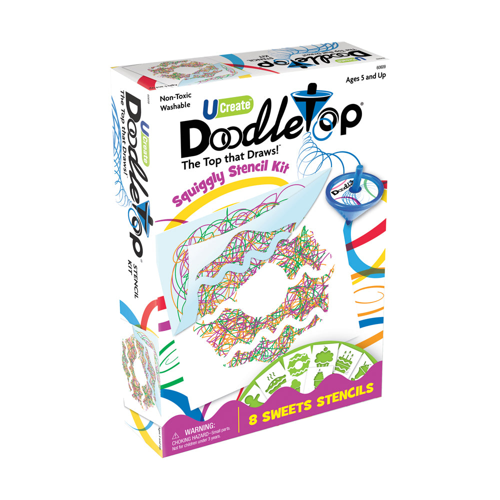 U-Create Doodletop Squiggly Stencil Kit package showing blue spinning top with 8 sweet-themed stencils and colorful scribble artwork examples