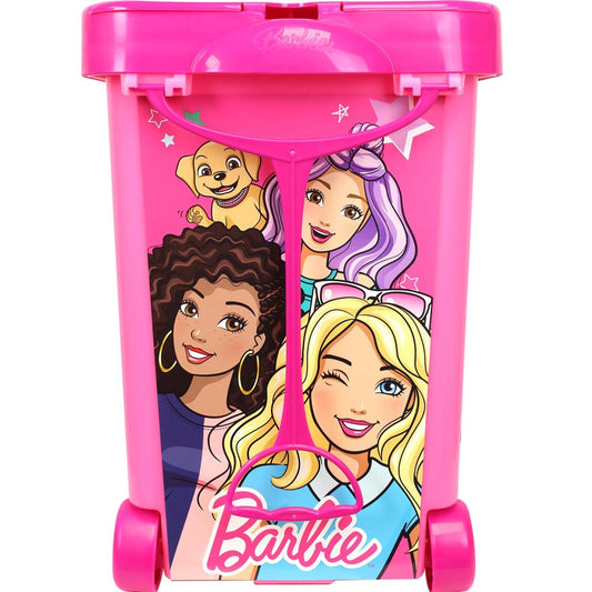 Bright pink Barbie Store It All portable organizer with wheels, featuring illustrated Barbie characters and a small golden dog on the front