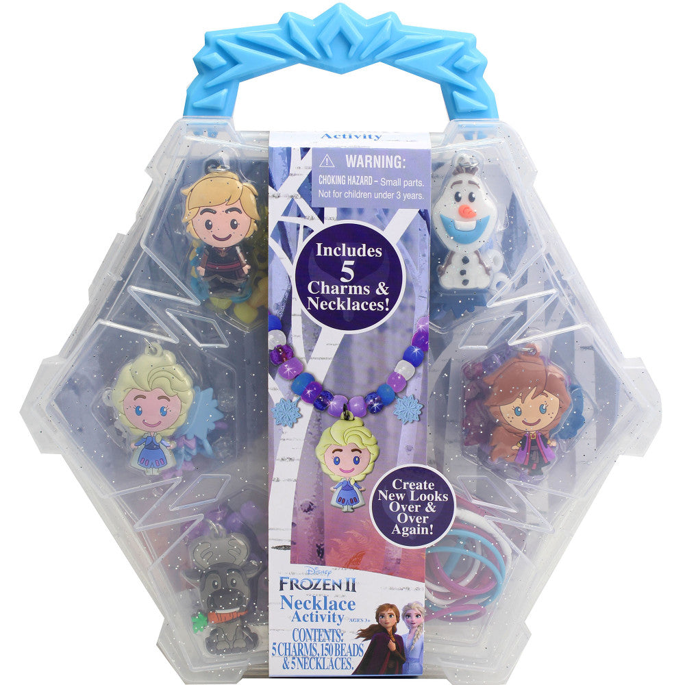 Frozen II necklace activity set with blue snowflake-shaped case containing 5 character charms and beads for making DIY necklaces