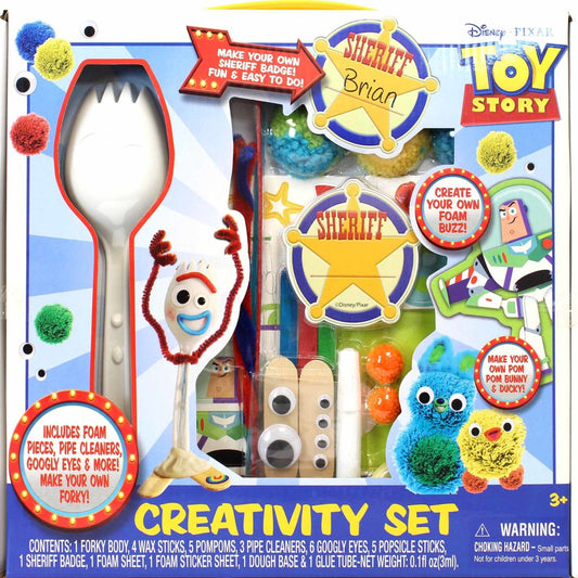 Toy Story 4 Creativity Set with craft supplies including foam pieces, googly eyes, pipe cleaners, pom-poms, sheriff badges, and utensils for making crafts
