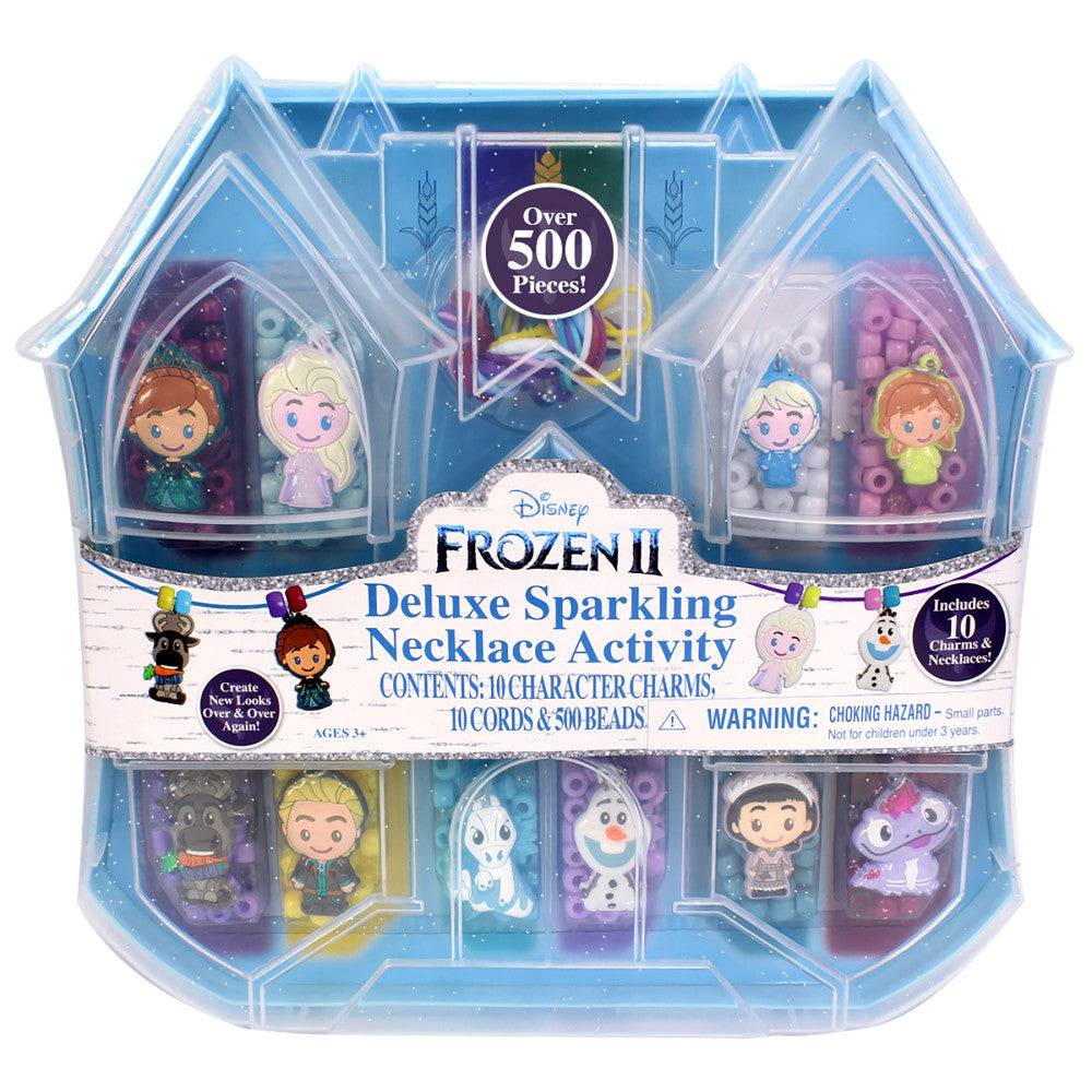 Disney Frozen II Deluxe Sparkling Necklace Activity Set with ice palace-shaped case containing 10 character charms, cords, and 500 beads for creating necklaces