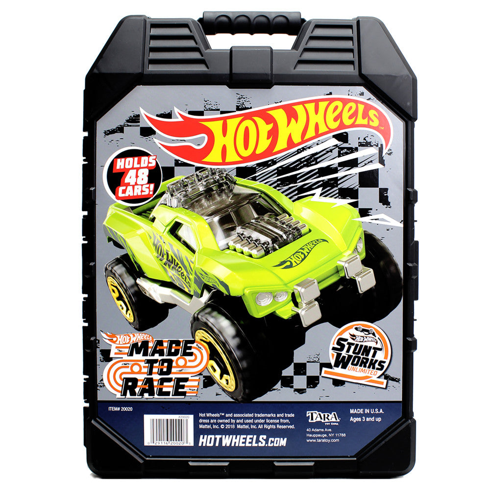 Hot Wheels 48-Car Storage Case with black carrying case, easy-grip handle, and lime green Hot Wheels stunt car with exposed engine displayed on front packaging