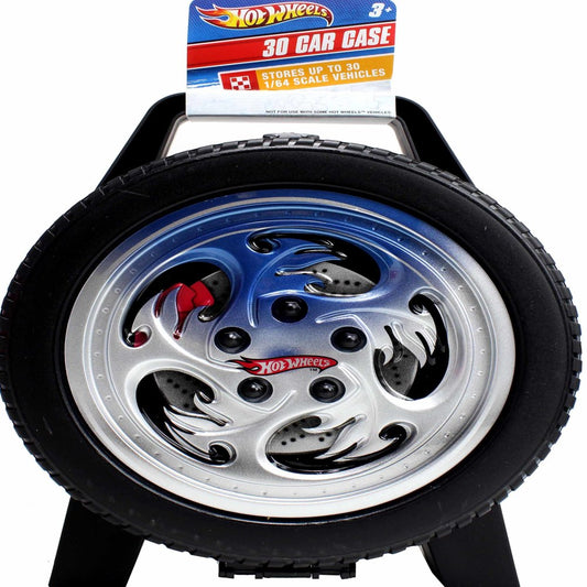 Hot Wheels 30-car storage case shaped like a tire with black tread exterior, silver and blue wheel-design interior, and carrying handle