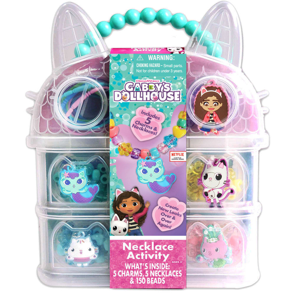 Gabby's Dollhouse DIY Necklace Making Kit with turquoise bead chain, charm-shaped character figures in clear storage compartments, and beads