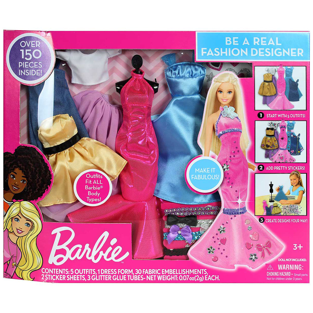 Barbie Be A Fashion Designer playset with blonde doll, colorful fabric outfits in pink, blue, and gold, dress form mannequin, stickers, and embellishments for c
