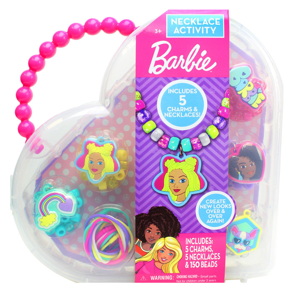 Barbie Necklace Activity Set with bright pink beaded necklace, colorful charm charms featuring Barbie face designs, multicolored beads, and accessories in clear