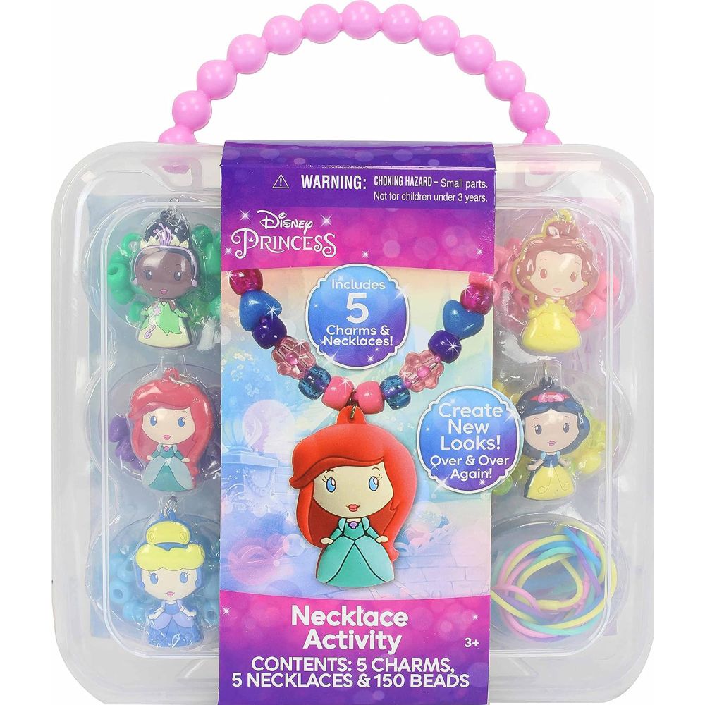 Disney Princess Necklace Activity Set with pink bead handle, featuring 5 princess charms, colorful beads, and rainbow bracelets in clear plastic case
