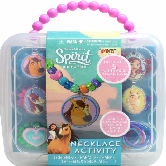 Spirit Riding Free necklace activity kit with pink bead handle, featuring 5 character charms, colorful beads, and necklaces in clear plastic case