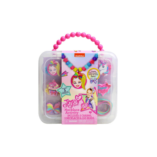 JoJo Siwa necklace activity set in clear case with pink beaded handle, includes charms, beads, and necklaces for DIY jewelry making