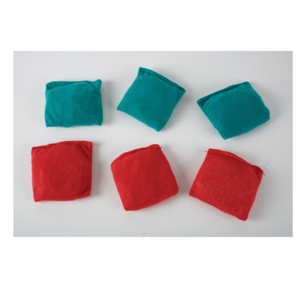 Six soft fabric bean bags in teal and red arranged in two rows on a white background