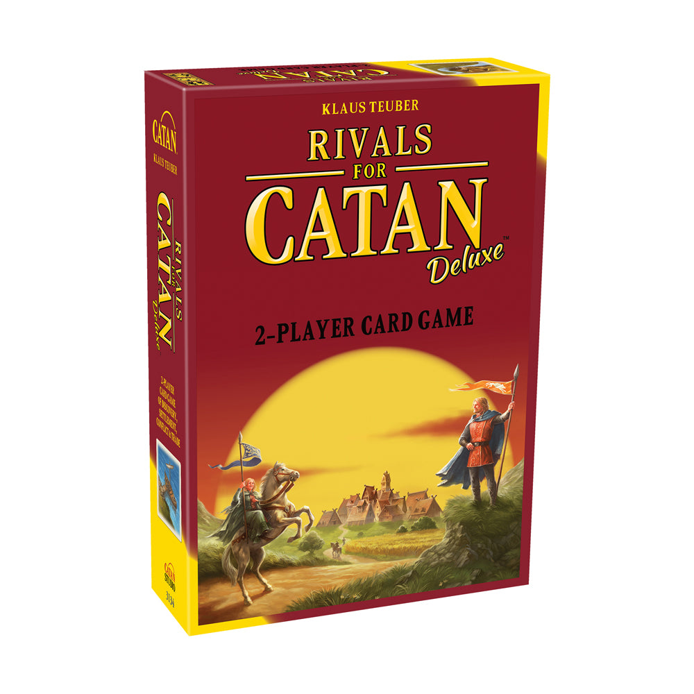 Rivals for Catan Deluxe Edition 2-Player Card Game box featuring medieval castle landscape with figures on horseback and yellow sunset background