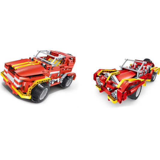 Two red and yellow building block vehicles shown assembled: larger jeep-style car on left, smaller tow truck on right, both with gray roll cages and black wheel