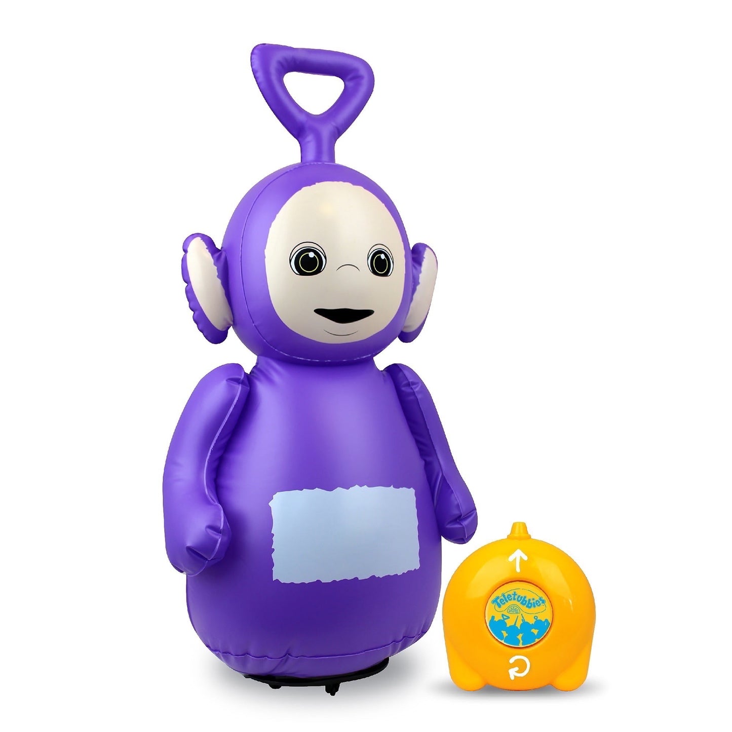 Purple inflatable Tinky Winky Teletubby figure with white face, antenna handle, and light blue belly screen, shown with yellow remote control