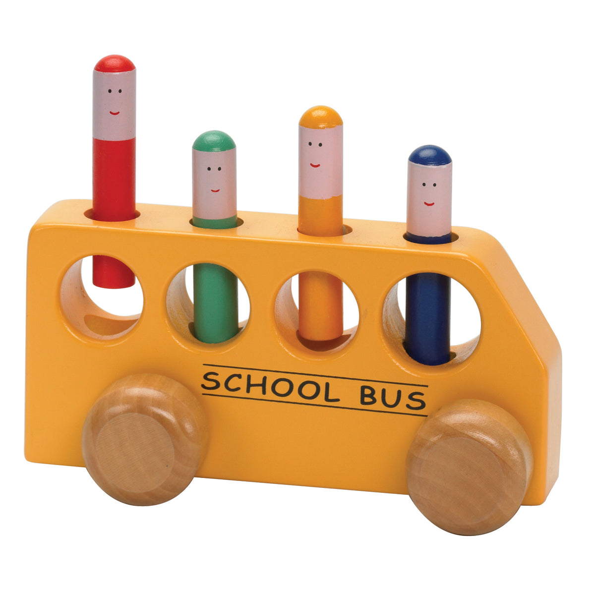 Yellow wooden school bus toy with four colorful pop-up peg figures with smiling faces in red, green, orange, and blue