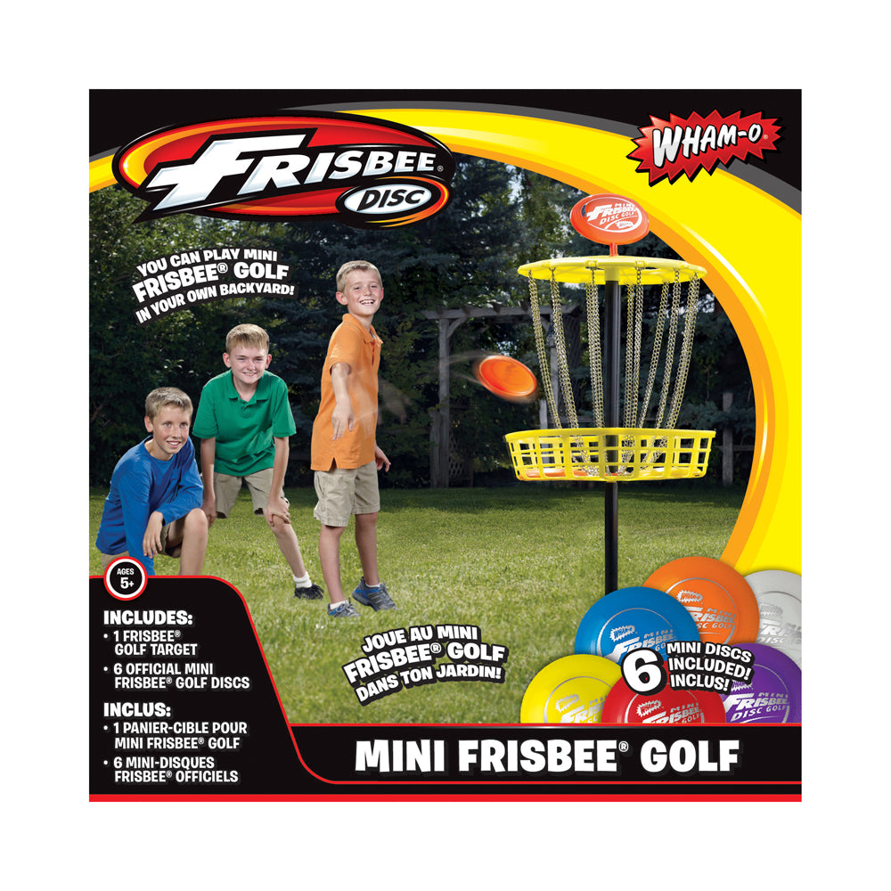 Wham-O Mini Frisbee Golf set packaging showing three children playing in backyard with yellow target basket, includes 1 golf target and 6 colored mini discs