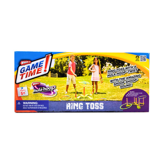 Wham-O Game Time Ring Toss set package showing two children playing outdoors with yellow ring toss poles and hula hoops in a grassy yard